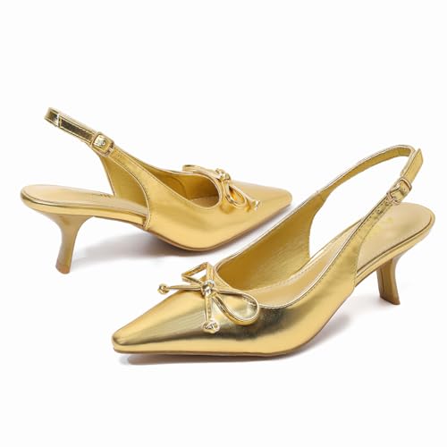 Amoji Women's 2 Inch Kitten Bow Heels Slingback Pointed Toe Pump Wedding Dress Shoes FZ3382