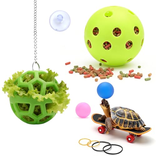 Turtle Feeder Ball 7 Pcs Tortoise Treat Ball with Skateboard Ball Enrichment Toys Hay Fruit Vegetable Feeder Hanging Feeding Grass Holder Foraging Toy for Small Animals Pets