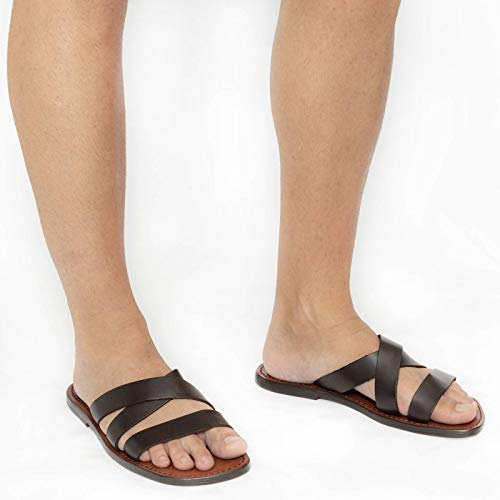 Handmade Genuine Brown Leather Men's Slippers Sandals2