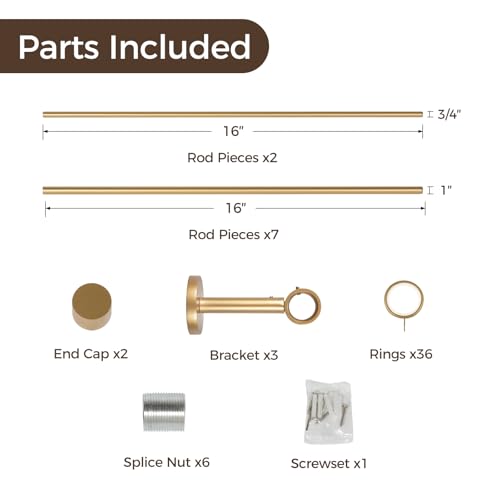 Image of TWOPAGES Adjustable Curtain Rods for Windows 32 to 120 Inch, Wall Mounted Heavy Duty 1 Inch Gold Curtain Rod with Rings, Carbon Steel Curtain Rod Set
