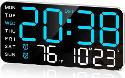 Image of Digital Wall Clock, LED Alarm Clock with Day & Date, Temperature. 5-Level Brightness for Home Office, Bedroom, Living Room, Classroom, Modern Decor Design (8.4''x4.3'') (Blue)