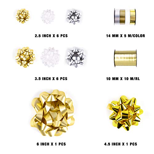 Wrapaholic 16 Pcs Gift Bows Assortment - 14 Multi Colored Assorted Size Gift Bows (Gold, Silver, White) And 2 Crimped Curling Ribbons, Perfect For Christmas, Holiday, Party #TOP1