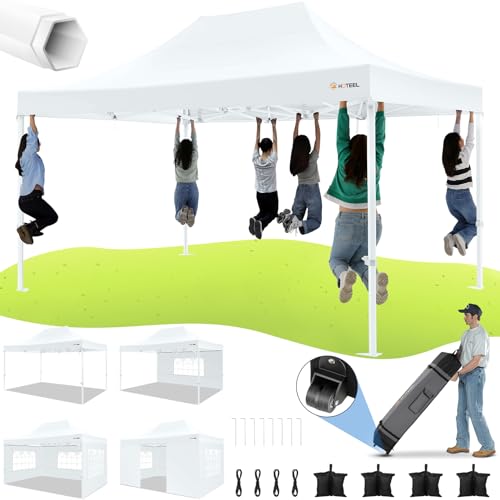 Image of HOTEEL 10x15 Heavy Duty Pop Up Canopy with Sidewalls, Party Tent with Roller Bag for Event Wedding, Upgraded Commercial Waterproof Instant Canopy, Thick Hexagonal Legs, UPF50+, White