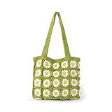 Crochet Bag Daisy Knitted Floral Granny Square Textured Crochet Purse Flower Soft Cottage Style Hobo Tote Bag for Woman (Green)