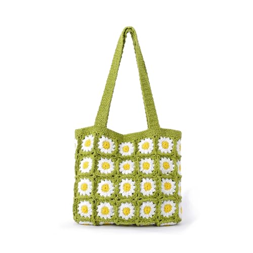 Crochet Bag Daisy Knitted Floral Granny Square Textured Crochet Purse Flower Soft Cottage Style Hobo Tote Bag for Woman (Green)