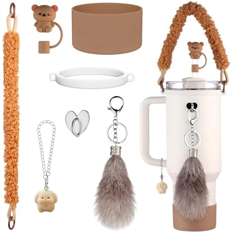 Affute Stanley Cup Accessories Set Including Siliocne Straw Cover, Siliocne Boot, Water Bottle Handle Strap, Stanley Charms for Stanley Cup 40oz 30oz Tumbler with Handle (Animals) Cover