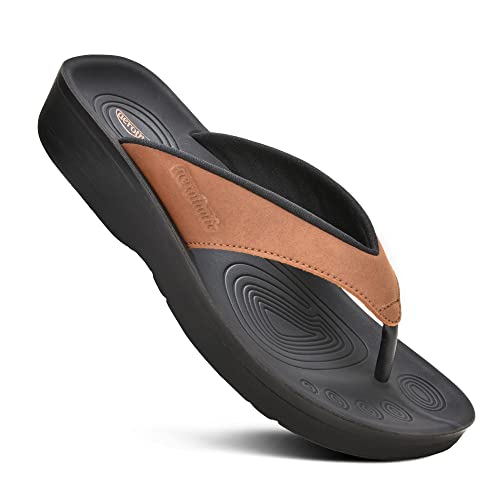 Image of AEROTHOTIC Comfy Arch Support flip flops for women Split Toe Stylish Cushioned Strap with non-slip footbed Walking Dressy Sandals Indoor and Outdoor