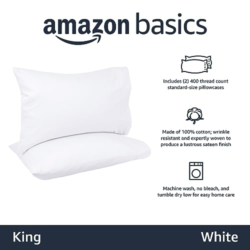 Image of Amazon Basics 400 Thread Count Soft 100% Cotton Pillow Cases, Wrinkle Resistant, Sateen Weave, King Size, 40 inch x 20 inch, Machine Washable, White, Set of 2, Pillows Not Included