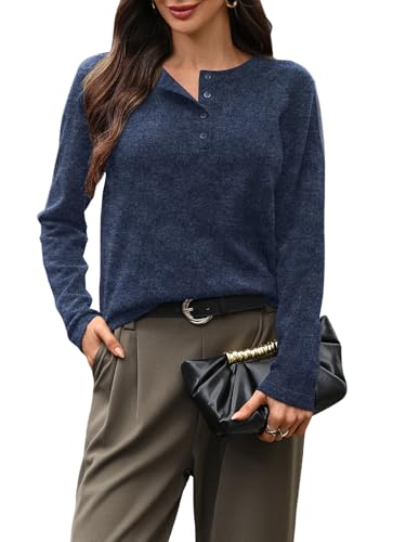 AMZANGEL Women's 100% Wool Sweater Henley Crew Neck Knit Pullover Sweater Half Button up Jumper...
