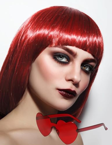 MIUSKATL 12 Inch Short Bob Wigs with Bangs Sunglasses for Women(Wine Red)