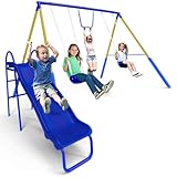 Sportspower My First Metal Swing Set with Slide, 4 Kids Max, Blue, Yellow
