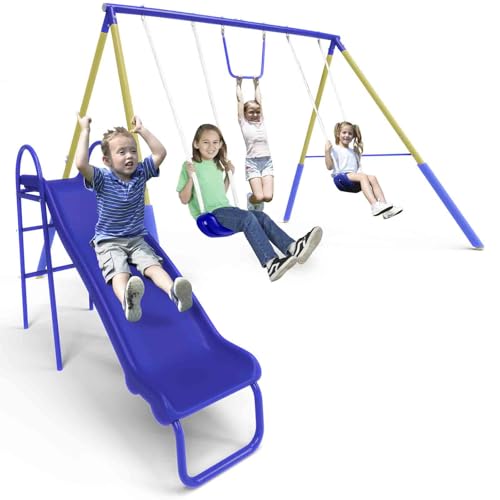 Sportspower My First Metal Swing Set with Slide 4 Kids Max Blue Yellow