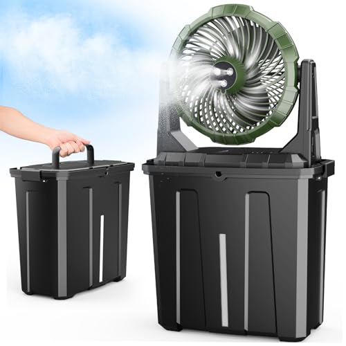 Ausic Ventoinha portátil de nebulização – Balde de 9L, ventiladores externos de 25,4 cm para pátios/acampamento/praia/golfe, etc., ventilador de resfriamento de água de piso recarregável por USB de