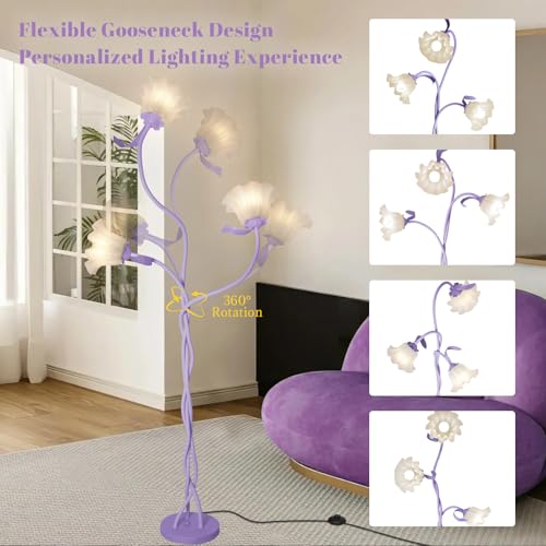 Image of Flower Standing Lamp for Bedroom, Cute Corner Floor Lamp with Flexible Gooseneck, 3 Light Floor Reading Lamp with 3 Color Temperatures, Bulbs Included, Tall Floor Lamp for Living Room Corner(Purple)