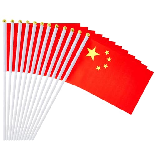 12 Pack Chinese Flags on Stick, 5.5 x 8.2 Inch Small China Handheld Flags for Parade Handouts, Cultural Events, National Day, School Activities and Celebrations