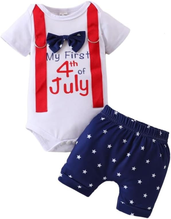 My First 4 of July Baby Boy Gentlemen Outfits Independence Day Baby Boy Clothes Letter Printed Top + Shorts 2Pcs Set