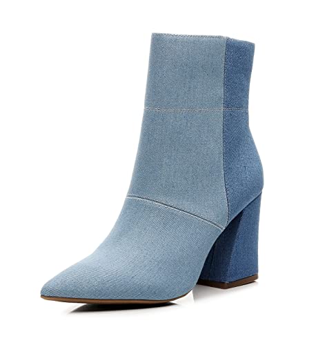 Diana Women's Pointed Toe Denim Fabric Chunky Block Heel Cowgirl Charming Fashion Dress Boot Stylish Ankle Booties Daily Party Wearing,DENIM,10 M US