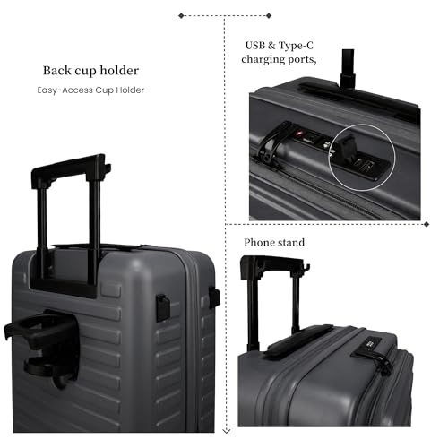 Image of F Gear Sedona Small Cabin Pro 54cm German Polycarbonate Hard Luggage|8 Japanese Hinomoto Silent Wheels| USB & Type-C Charging, Phone Stand & Cup Holder | Front Opening Suitcase for travel (Steel Grey)