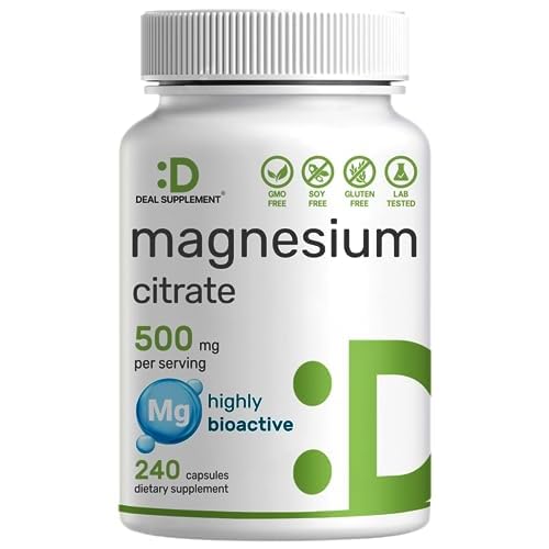 DEAL SUPPLEMENT Magnesium Citrate 500mg, 240 Capsules | Easily Absorbed, Purified Trace Mineral – Muscle, Heart, & Digestive Support – One a Day, Non-GMO Magnesium Citrate 500mg 240 Count (P