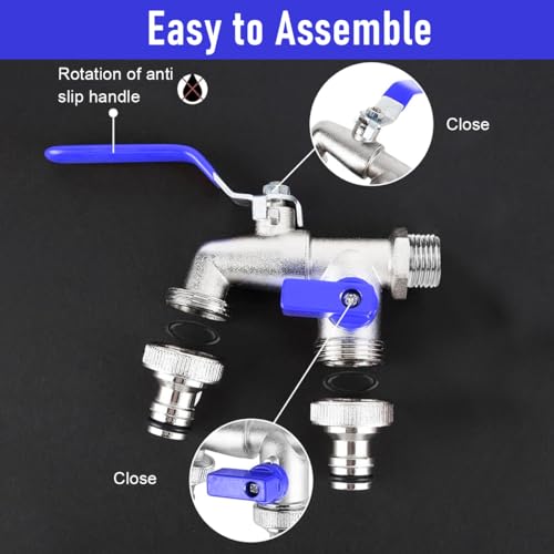 Image of HASTHIP Double Valve Water Tap, Dual Outlet Tap with Divided Valve Control Heavy Duty Zinc Alloy Tap
