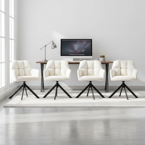 Image of Finch Fox Battle Modern 360 Swivel Mid-Back Arm Faux-Leather Study Upholstered Comfortable Metal Base Computer Office Desk Chair in White Color (Set of 4)