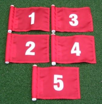 ShopTJB Set of White Numbered #1, 2, 3, 4, and #5 Each Printed on a Solid Red Jr. (8" L x 6" H) 400 Denier Pin Marker Flag for Golf & Putting Green Applications