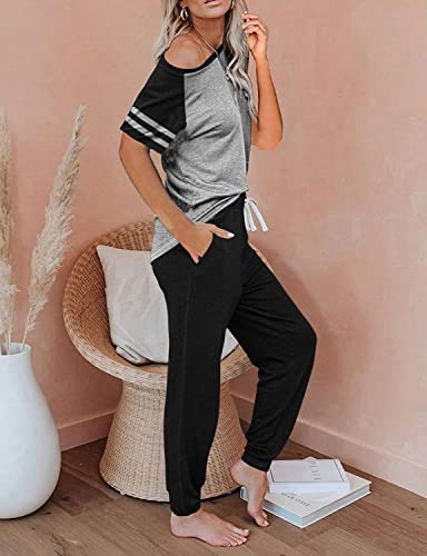 Prettygarden Sweatsuits For Women Set 2 Piece Pajamas Summer Matching Set Short Sleeve Color Block Loungewear And Sweat Pants (Z-Black Grey, Large) #TOP1