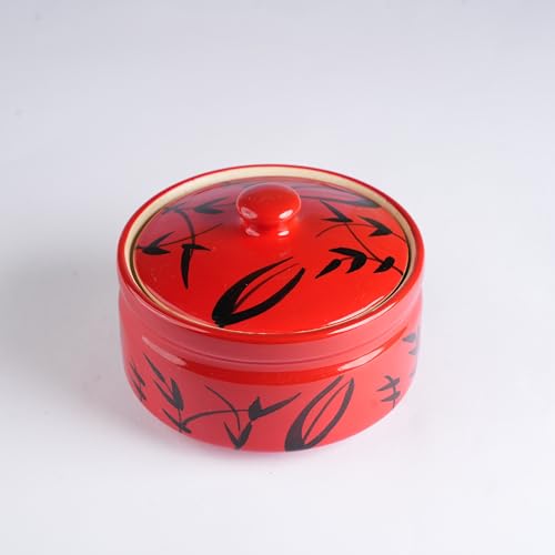 Image of Caffeine Ceramic Handmade Red Bamboo Serving Donga Casserole with Lid 500ml Small Stoneware