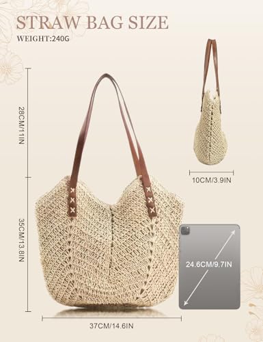 Image of Beach Bags for Women with Zipper, Large Straw Bag Woven Tote Bag Straw Shoulder Bag for Summer Vocation