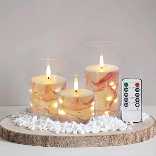 Image of Flickering Flameless Candles Pink Marble Embedded Star String Lights, Battery Operated Acrylic LED Pillar Candles with 11-Key Remote and Timer for Home Decoration, 3 Pack
