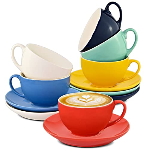 6 Tasses à Cappuccino avec Soucoupes - Céramique Colorée - 180ml - Avec Boîte Cadeau - Maintient le Cafe Chaud