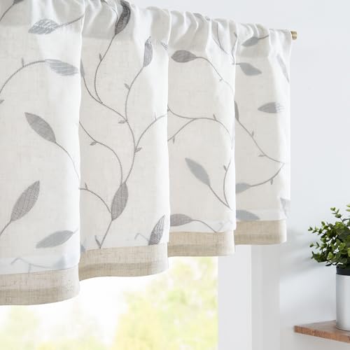 jinchan Sheer Valance for Window Gray Leaf Embroidered 18 Inch 1 Panel - image 1