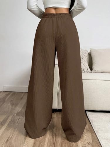 Image of Women's Trendy Korean Trouser with Pockets, Casual Corduroy Stretchable Baggy Loose || High Rise Elastic Waist Going Out Lounge Pants || Wide Leg Pants for Woman