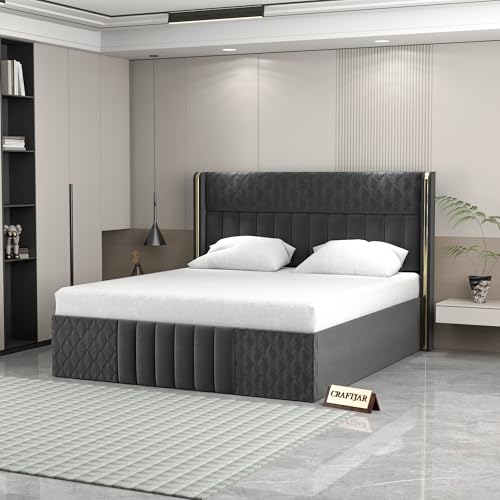 Image of Wooden Modern Upholstered King Size Bed for Bedroom | Wooden Double Bed with Box Storage | Platform Cot Upholstered Bed with Upholstery Fabric | Engineered Wood(6.5 x 6 Ft, Dark Grey)