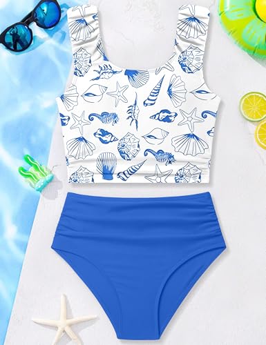 Image of Girls Tankini Swimsuit 2 Piece Bathing Suit Twist Cross Back Cutout Swim Tank Top Floral Print Swimwear for 7-18Y