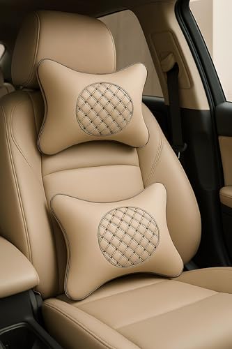 Image of AdroitZ Faux Leather 𝗨𝗡𝗜𝗩𝗘𝗥𝗦𝗔𝗟 Car Neck Rest Pillow | Premium Embroidery Cushion Neck Pain Relief | Head Rest Support for Long Drives | Headrest Interior Seat Accessories for All Cars(Set of 2)
