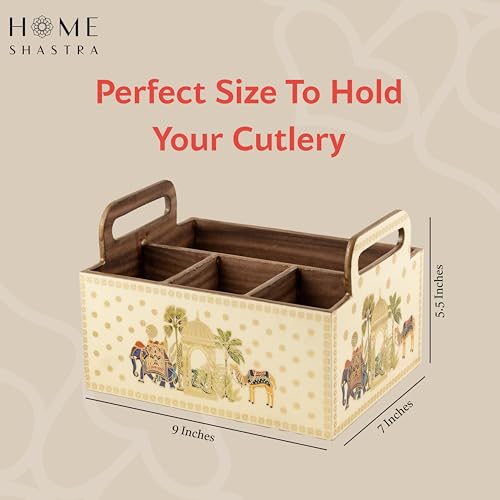 Image of Wooden Cutlery Holder with Gold Engraving | Pack of 1 | Size : 9 x 7 x 5.5 inch | Enamel Coated Waterproof | Cutlery Holder for Dining Table | (Royal Camel)