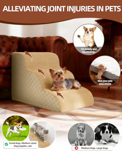 Image of Dog Stairs Curved Ramp for Small Dogs 19.5 inch H, 4-Step Pet Stairs for Couch Bed with High Density Foam, Dog Slope Stairs with Durable Non-Slip Bottom Khaki
