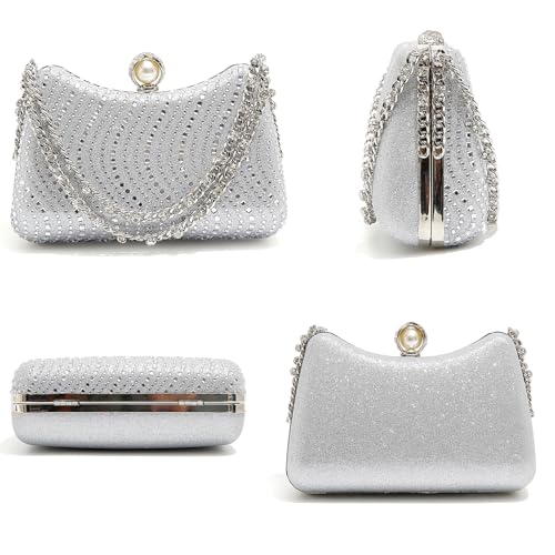 Image of Women's Clutch Crystal Rhinestone Purse With Chain Pearl Clasp Evening Wedding Diamond Handbag
