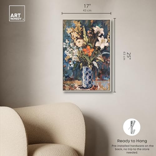 Image of Art Remedy Blue Floral Vase Canvas Floral Vase Wall Art, Silver Frame, 16 inch x 24 inch