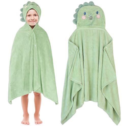 saerryor Green Dino Hooded Towel for Kids, 70 x 140cm Large Poncho Towel with Snap Button Soft Absorbent Beach Swimming Wrap for Boys Girls 3-12 Years