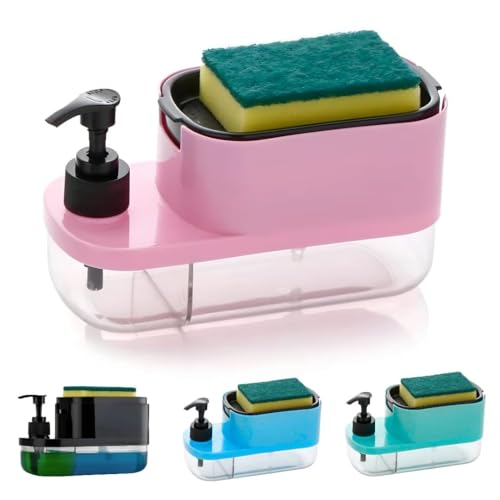 Plastic 3 in 1 Soap Pump Dispenser Dish Soap Liquid Dispenser Sponge Holder Dish Soap Pump Dispenser for Kitchen Sink Countertop Kitchen Bathroom (Multi-Color) (Pink)