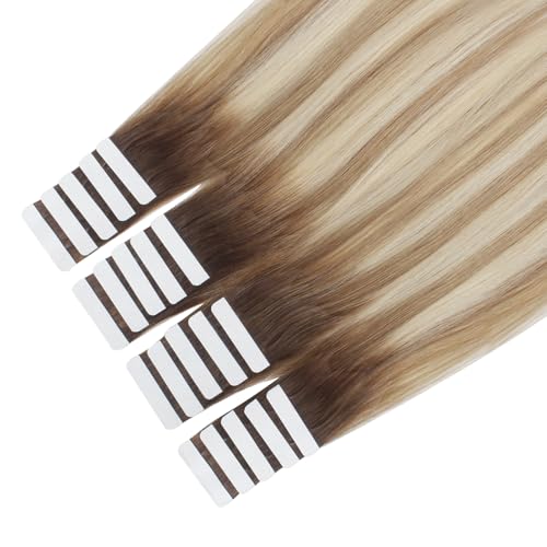 Image of Sixstarhair Tape In Hair Extensions Rooted Brown Fading to Ash Brown Mixes with Beach Blonde Hair Extensions 20 Pieces Remy Human Hair Extensions [Color R3-8P613# 16inch]