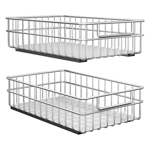 Pull Out Cabinet Organizer, 2Pack 16.5''Deep Stainless Steel Slide Out Drawers for Cabinets, Adhesive Roll Out Baskets, No Drill Pull Out Racks for Home Storage, Shelves for Pantry, Kitchen, Bathroom