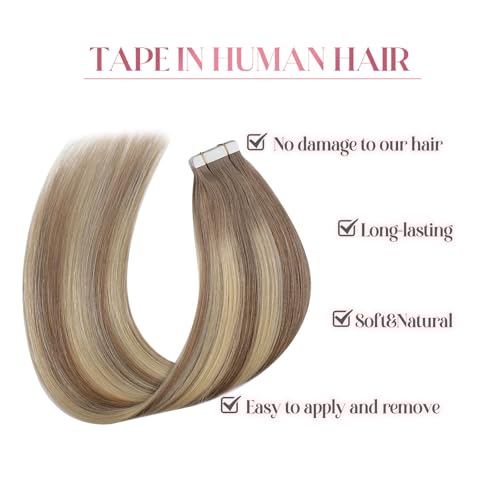 Image of Sixstarhair Tape in Hair Extensions Human Hair Balayage Ash Brown to Blonde Mixed with Light Blonde Real Hair Extensions Silky Straight Tape Hair Extensions Human Hair 50g 20pcs [TP8 /22 /8 22inch]