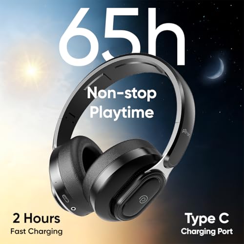 Image of pTron Studio Urban V2, 40dB ANC Wireless Over-Ear Headphones, 65Hrs Playtime, Dual-device Pairing, 40mm Bass Drivers, TruTalk AI-ENC Calls, Custom EQ, 3.5mm Aux, Bluetooth v6.0, Type C Charging (Onyx)