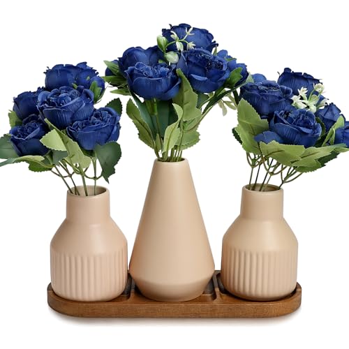 Nagobi Flower Table Centerpiece - Dining Table Centerpiece Decor Set of 3 Fake Peonies in Ceramic Vases & Wood Tray Modern for Kitchen Island Living Room Coffee Table Home Decor (Royal Blue) — view 6