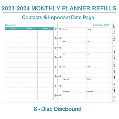 2023-2024 Monthly Planner Refill, 18 Months Planner Runs From July 2023 To December 2024, Two Pages Per Month, 8-Disc Discbound Refill Planner With Tabs, Junior Size, 5.8" X 8.3", Leaf #TOP4