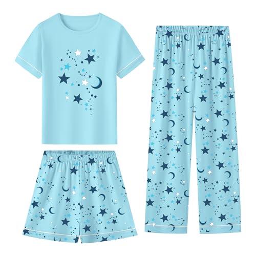 Umeyda Girls Pajamas Set, 100% Cotton Pjs Cartoon Pattern 3PCS Sleepwear Lounge for Kids Size 5-14