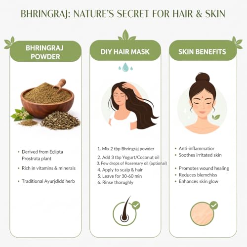 Image of Bhringraj Powder for Hair Growth & Hair Fall Control | 100% Pure & Natural Ayurvedic Powder | Helps Reduce Dandruff & Strengthen Hair | Herbal Hair Care for Men & Women (500g)